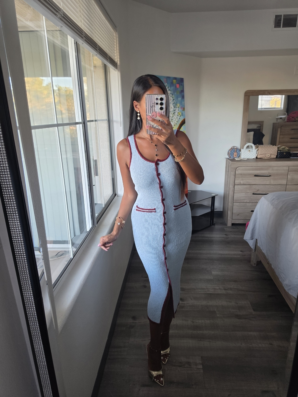 Sleeveless Light Blue Knit Midi Dress with Burgundy Trim Stretchy - Picture 4 of 17